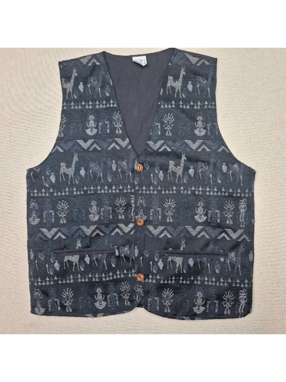 Men's Ecuadorian Native Black/White Three-Button Hand-Made Vest Sz L 90's VTG
